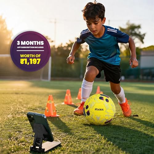 Image of FLICKIT Football Size 3 with AI Training App Compatible | Premium PU 32 Panel Stitched Football | Match Ball for Kids (Ages 5+) Indoor Outdoor Grass & Turf Play | Yellow