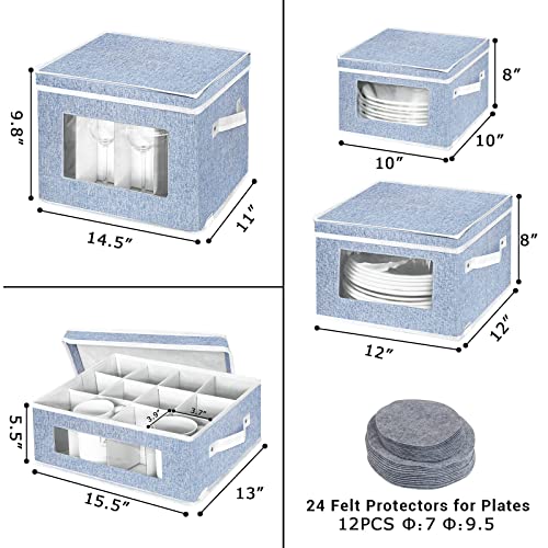 China Storage Containers,Wine Glass Mug Plate Dish Stemware Storage Box With Dividers,Hard Shell Dinnerware Case With 24 Felt Protectors For Crystal Glassware,Coffee Cup,Bowl Packing & Moving (Blue) #TOP2