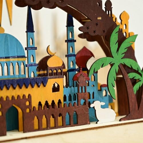 Ramadán decoración de mesa con luz led castillo Mubarak de madera calada 4