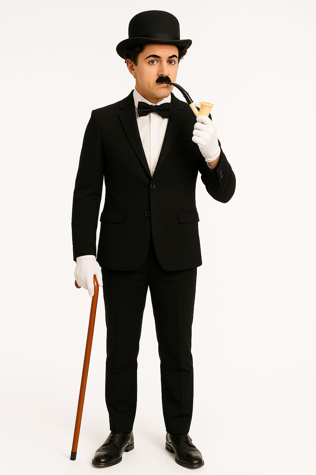 labreeze Charlie Chaplin Fancy Dress Costume Set – Bowler Hat, Bow Tie, Mustache, and Cane | Classic Silent Film Actor Outfit for Parties, Cosplay, Halloween, and Events