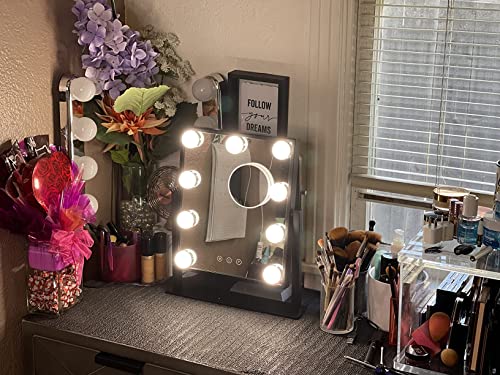 Kottova Vanity Mirror With Lights,Makeup Mirror Tabletop,Hollywood Mirror With Phone Holder,9 Led Dimmable Bulbs, 3 Color Modes,Touch Control, 360 Rotation,Detachable 10X Magnification Mirror,Black #TOP4