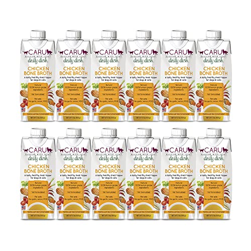 Caru - Daily Dish Chicken Bone Broth - Meal Topper for Dogs & Cats - Supports Overall Pet Health - Pour-Over Broth for Wet/Dry Food - Human Grade Ingredients - Non-GMO - Made in USA - 12 Pack