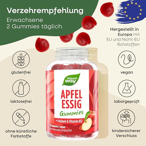 Apfelessig Gummies I 1000mg mit Vitamin B12 und Folsäure als Apfelessig Komplex I Stoffwechsel Anregen | Alternative zu Apfelessig Kapseln | vegane Gummibärchen | 60 Stk