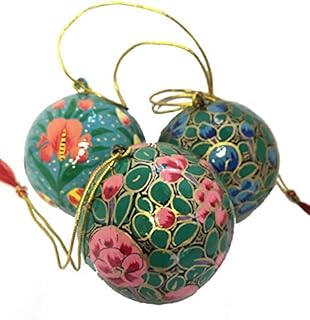 Medium Kashmiri Lacquerware Baubles Christmas Tree Decorations - Beautiful Fair Trade Handpainted - Set of 3 Decorations Mixed Designs