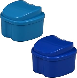 2 Pcs Denture Bath Box Cup - Complete Clean Care for Dentures, Clear Braces, Mouth Guard, Night Guard & Retainers - Travel-Friendly (Blue+Dark Blue, Medium-2A)