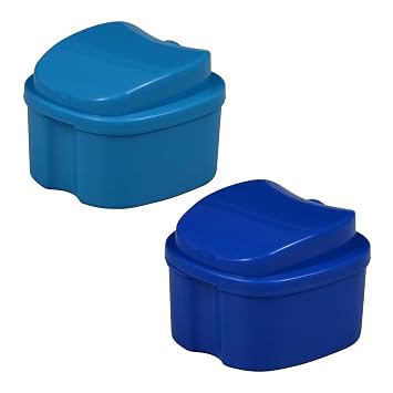 2 Pcs Denture Bath Box Cup - Complete Clean Care for Dentures, Clear Braces, Mouth Guard, Night Guard & Retainers - Travel-Friendly Blue+Dark Blue, Medium-2A