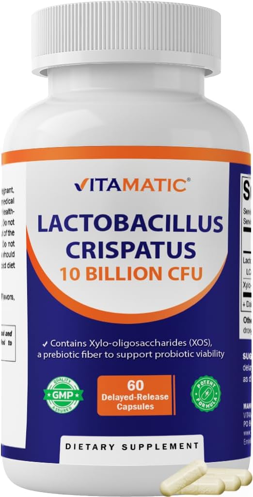 Vitamatic Lactobacillus Crispatus 10 Billion CFU with XOS Prebiotic, Delayed-Release Probiotic Capsules, Non-GMO, 60 Capsules.