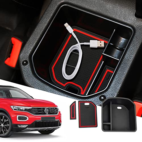 SXCY Compatible con VW T ROC T-ROC Reposabrazos Caja de Almacenamiento, Central Consola Organizador Bandeja para Coche interior Accesorios para T ROC 2018-2022 (rojo)