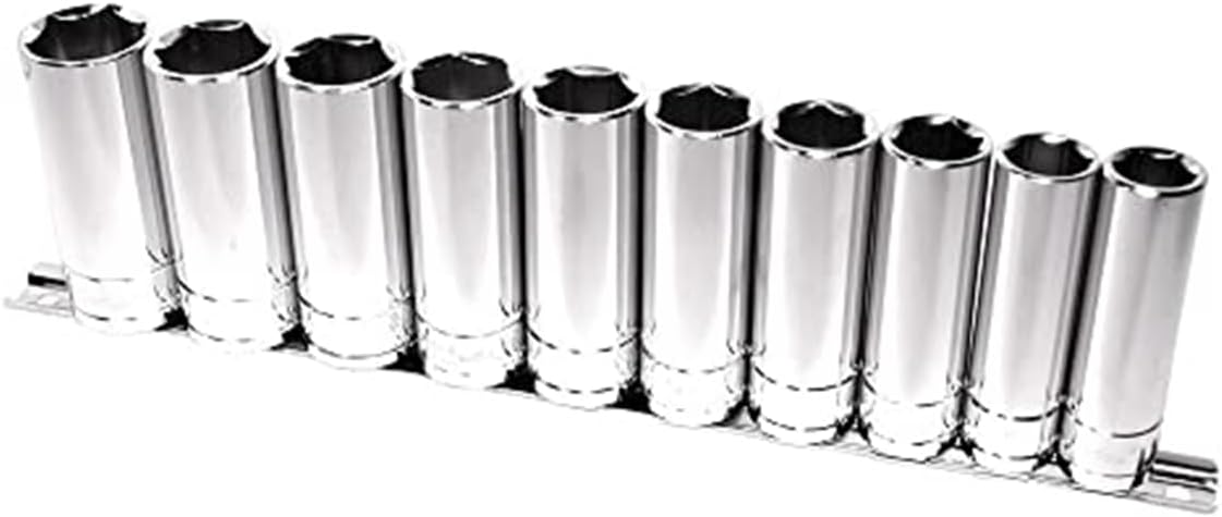 K Tool International 28200 Deep Metric Socket Set with 1/2" Drive for Garages, Repair Shops and DIY, 6 Point, Heat-treated, Chrome Vanadium Steel, 15mm to 24mm, Socket Rail, 10 Piece