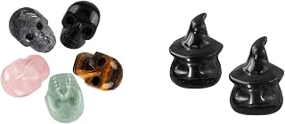 mookaitedecor Bundle - 2 Items: Set of 5 Assorted Crystal Skull Sculpture & Set of 2 Hand Carved Crystal Pumpkin Ghost Figurine for Halloween Party Tabletop Decoration