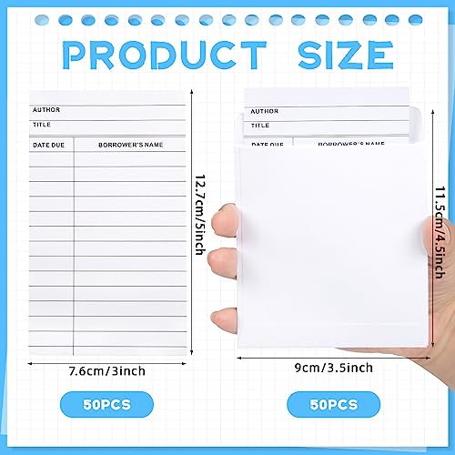 100 bolsos e cartões de biblioteca, cartões de check-out de biblioteca, envelopes de bolso de biblio