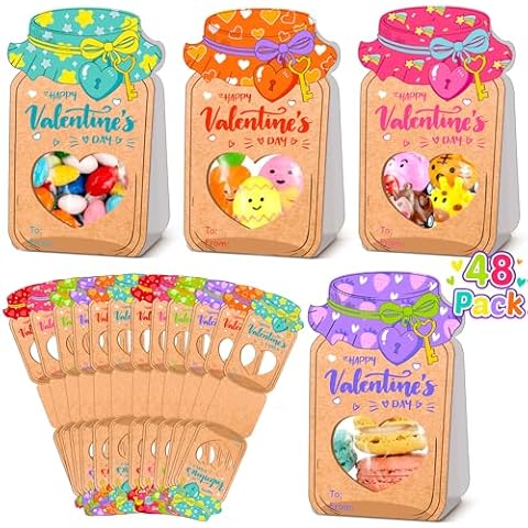 Valentines Day Cards for Kids School, 48 Pack Mason Candy Jar 3D Valentines Cards for Kids Classroom with 48Pcs Valentine Treat Bags, Valentines Day Gifts for Kids Valentine Exchange Cards for Kids Cover