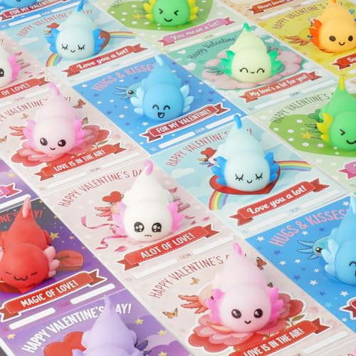Image of 24 Packs Valentines Day Gifts for Kids Classroom, Funny Valentines Day Card with Axolotl Mochi Squishy Toys, Kawaii Squishy Toys, School Classroom Exchange, Valentines Party Favors