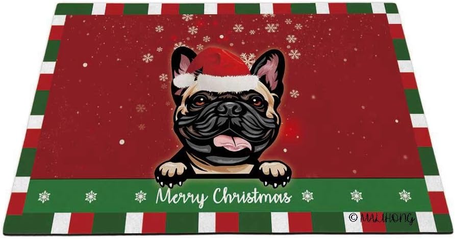 Merry Christmas Dog Doormat Cute Peeking Dog French Bulldog in Santa Hat Snowflake Xmas Green Red Rugs for Home Decor 35.4 x 23.6 Inch