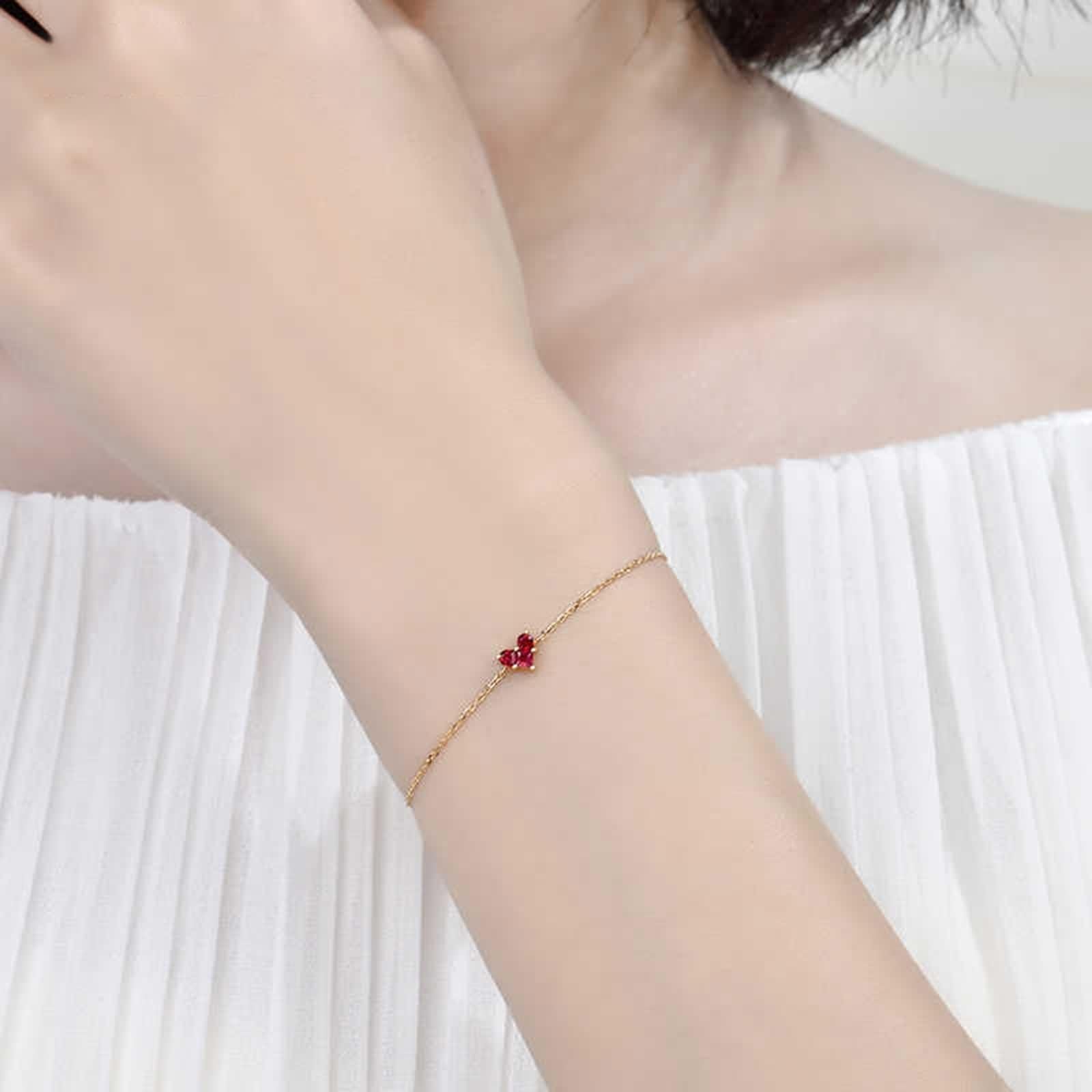Pulseras para mujer, diseño de corazón, pulsera de promesa de rubí rojo de 0,21 quilates, joyería de oro amarillo con diamantes