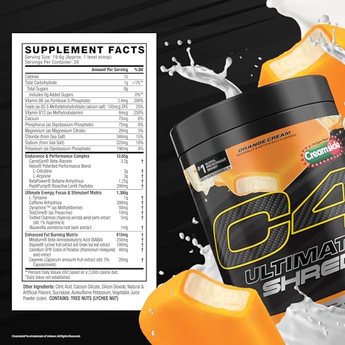 Image of Cellucor C4 Ultimate Shred Pre Workout Powder, Metabolism Supplement with Cayenne Extract+300mg Caffeine+TeaCrine+Dynamine - Orange Creamsicle, 20 Servings