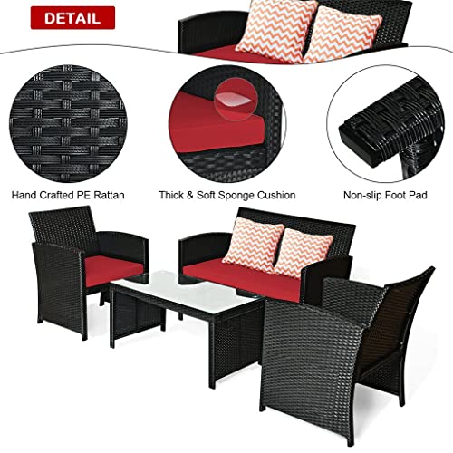 Lukeo 4Pcs Patio Rattan Furniture Conversation Set Cushion Sofa Table Garden Red Single Sofa Coffee Table #TOP5