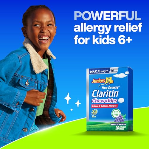 Image of Juniors Claritin Max Strength 10mg Chewables, One Dose for 24-Hour Non-Drowsy Allergy Relief, Children's Allergy Medicine, Kids Chewable Allergy Medicine, Ages 6+, Grape Flavored, Dye-free, 30 Tablets