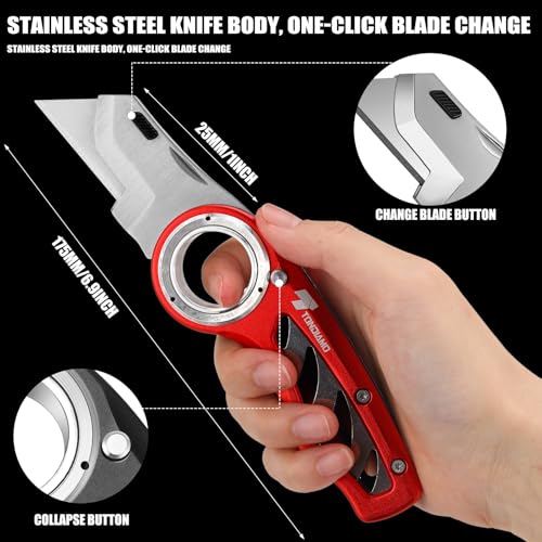 Image of Tondiamo 4 Pcs Folding Pocket Utility Knife Heavy Duty Box Cutter Folding Razor Knife with Anti Slip Finger Loop Easy Change Blades 3 Lock Positions Design (Yellow,Red,Black,Green)