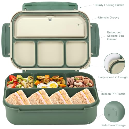 Bento Box Adult Lunch Box, Lunch Containers for Kids Girls Boys with 4 Compartments, Lunchable Food Container with Utensils, Sauce Jar, Muffin Liners, 40 Oz/5 Cup, Microwave & Dishwasher Safe, Green - Thumbnail 3