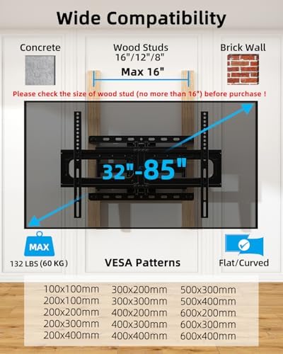 HOME VISION Full Motion TV Wall Mount for Most 32-85 Inch TVs up to 132lbs
