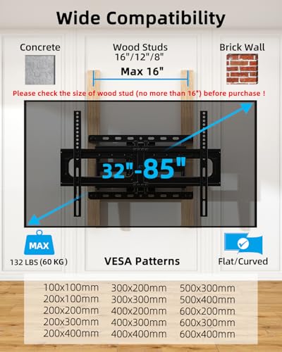 HOME VISION Full Motion TV Wall Mount for Most 32-85 Inch TVs up to 132lbs