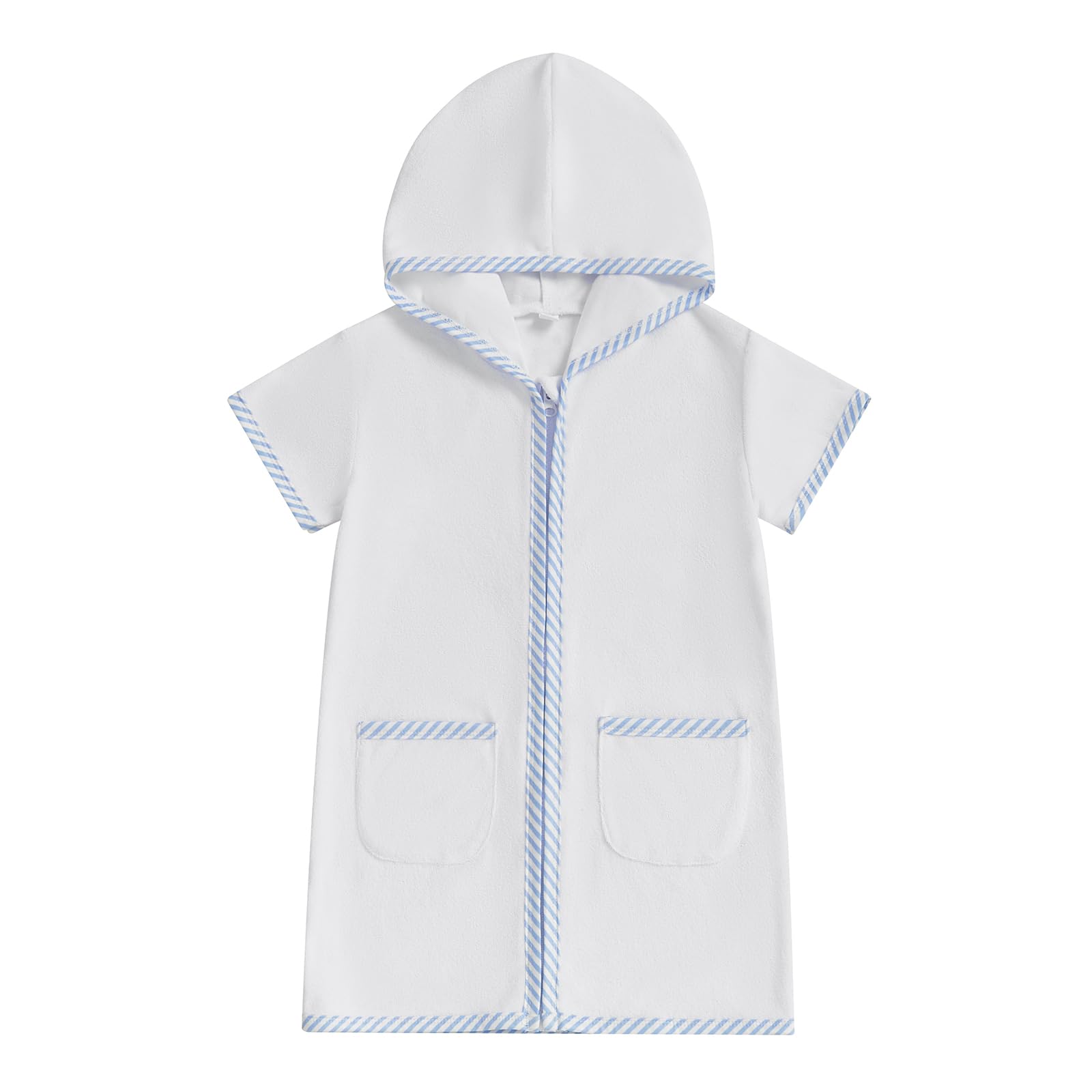 Girls Boys Hooded Terry Coverups One Piece Swimsuits Summer Striped Trim Zip Up Short Sleeve Swim Cover Up Beachwear