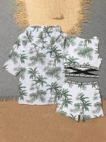 Image of Girl's 3 Piece Set Coconut Tree Print Criss Cross Waist Bikini Sets with Cover Up Hoodies Green 150