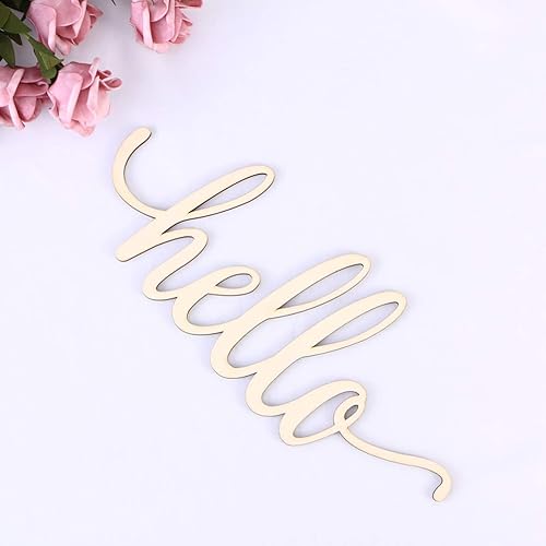 Miniatura 6 de STOBOK 2 letreros de madera con texto en inglés "Hello Letter", letrero de saludo de madera sin terminar, adornos colgantes de madera rústica,