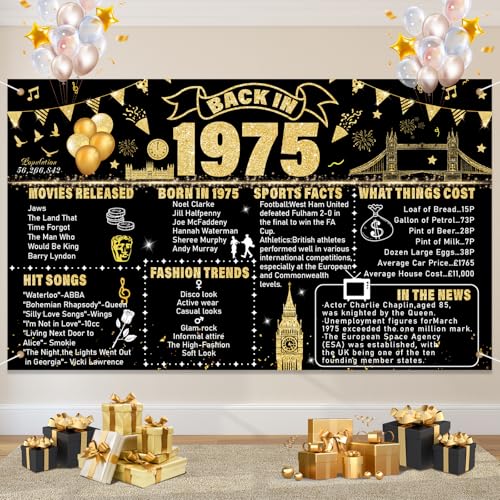 Creaher Décoration de fête noire et dorée pour 50e anniversaire – Grande bannière « Back in 1975 », affiche « Happy Birthday », décoration d'intérieur pour homme et femme