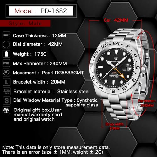 Image of Pagani Design Luxury Automatic Mechanical Watch for Man 42mm GMT Sport Watch with Stainless Steel Strap, Sapphire Glass & 10ATM Waterproof