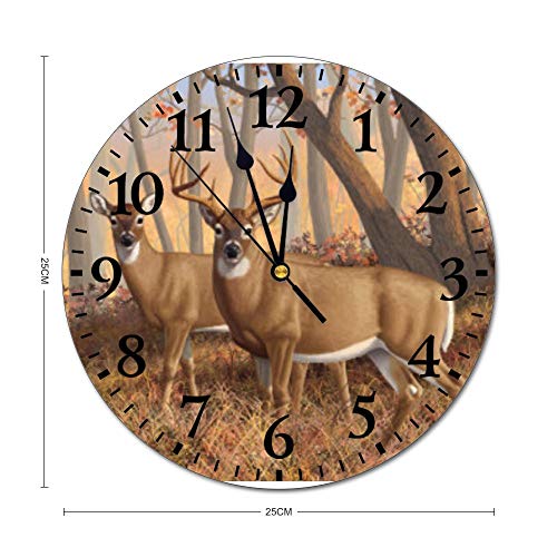 Pottelove 12" Silent Vintage Wooden Round Wall Clock Non Ticking Quartz Battery Operated, Whitetail Deer Buck & Doe Autumn Maple Trees Rustic Chic Style Wooden Round Home Decor Wall Clock #TOP1