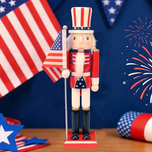 LAMPHOME 15 Inch Wooden American Flag Nutcracker Soldier Figurine with Wooden Base, Patriotic Collectible Statue, Tabletop Ornament for Independence Day, 4th of July & Christmas,Desktop Home Decor