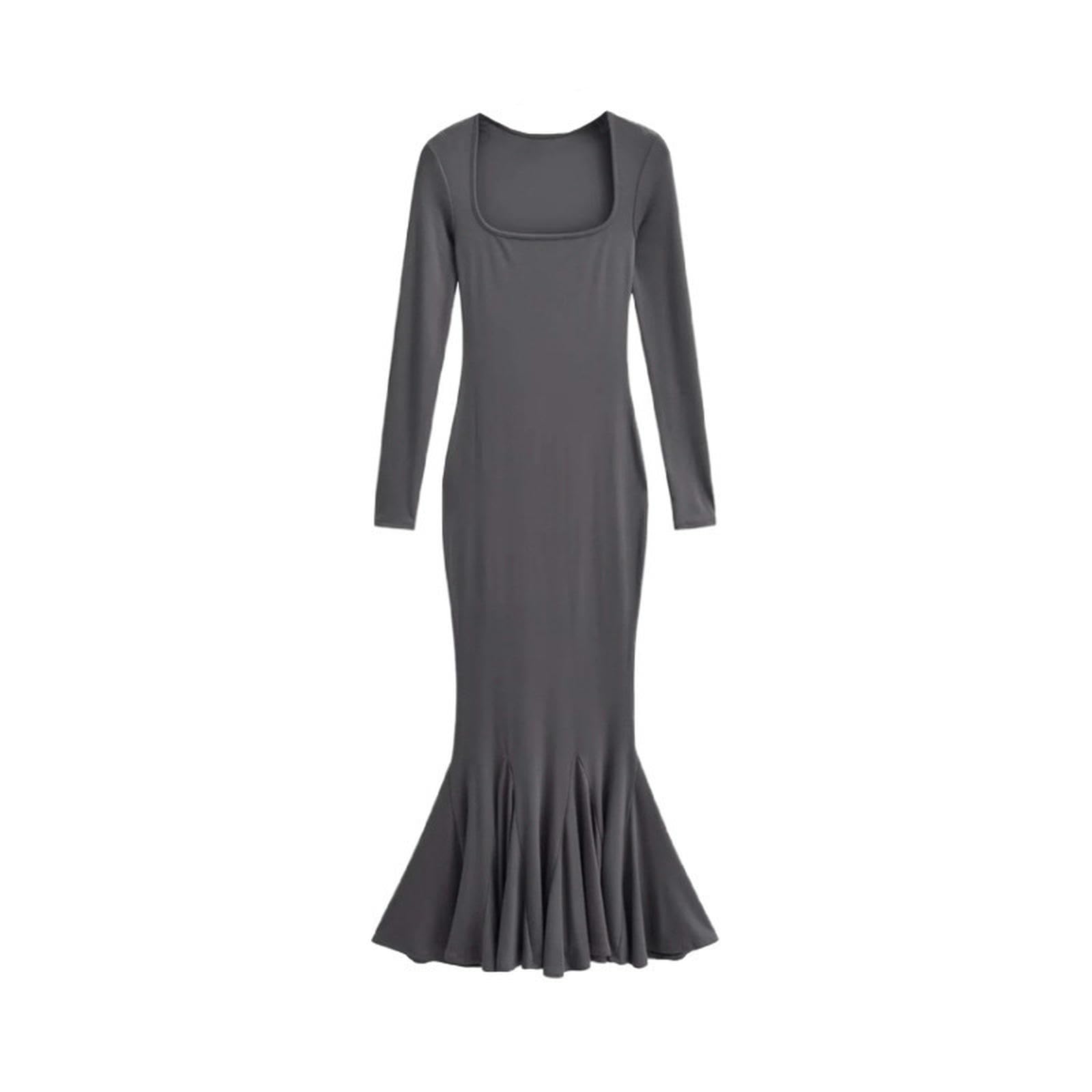 Robe longue coupe ajustée gris anthracite à manches longues et col rond pour femme en taille M