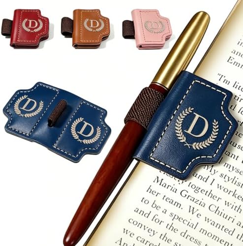 Magnetic Initial Leather Bookmark with Pen Holder(Blue,D) image 2