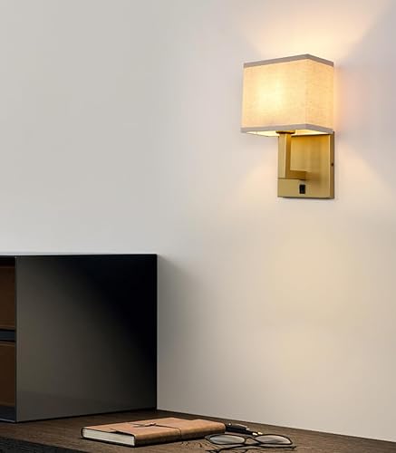 Miniatura 3 de Yosoan Juego de 2 apliques de pared de tela bohemia de lino con interruptor de encendido y apagado, tocador de latón, retro, cableado para