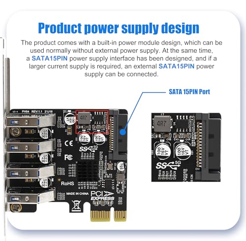 Image of PCI-E USB 3.2 GEN1 Card 4-port PCI Express to USB-A Expansion Card, 5Gbps USB 3.0 Port Controller Adapter for Windows 11 /10 /8 /7 /XP /Vista /LINUX, Can Connects to High Power Devices to 15PIN Power Supply