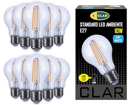 CLAR - Lampada Filamento LED E27, Lampadine Vintage, Lampadine LED E27 Luce Naturale, Lampadina Vintage LED, 10W 4000ºK (Pack 10)