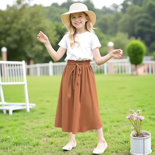 Image of Girls Maxi Skirt A-Line Uniform Skirts School Daily Skirt with Pockets, 4-13 Years