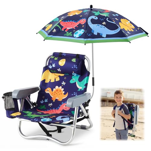Yalikop Kids Beach Chair with 4 Positions Seaside Beach Chair with Umbrella Kids Folding Camping Seating for Boy Girls Children Sand Camping Travel Outdoor Summer Supply(Dinosaur Theme)