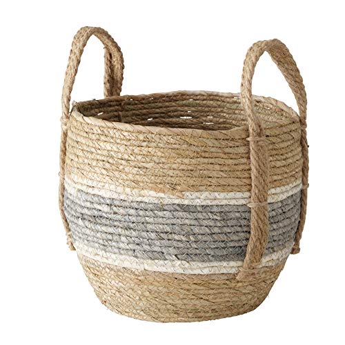 Coastal Grey Stripes 3 Piece Basket Set, Floor And Shelf Organizers, Corn Husk Wicker, Durable Chunky Rope Weave, Handles, Stitched, Reinforced, Rustic Home Decor, Round, 13, 11, 9 Diameter Inches #TOP7