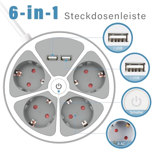 Realmade 4-Fach Steckdosenleiste mit 2 USB-A, 3m Kabel, Überspannungsschutz für Zuhause, Büro und Familie 3680W 16A Weiß – Ansicht 3