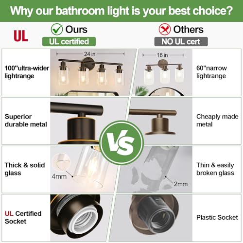 Image of 4-Light Bathroom Light Fixtures, Brown and Gold Modern Vanity Lights Over Mirror with Clear Glass Shade, Bathroom Wall Lamp for Mirror Kitchen Living Room Hallway Cabinet Porch Bedroom Reading room