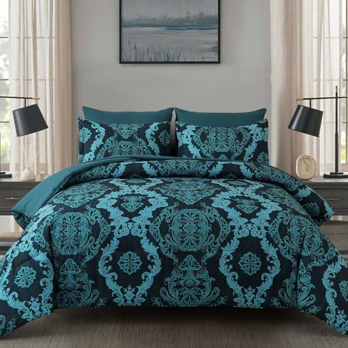 WONGS BEDDING 7 Piece King Comforter Set, Teal Texture Breathable