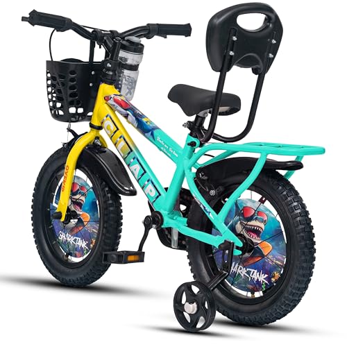 Image of Shark Tank 14T Kids Bicycle for Boys & Girls with Inbuilt Carrier, Front Basket, PU Soft Seat, Full Chain Cover & Stylish Wheelcards (Yellow /Sea Blue)