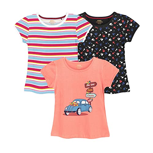 Image of Real Basics Cotton Regular Fit Half Sleeve Cotton T-Shirts for Girls - Round Neck Tops for Girl, Multicolor - Pack of 3
