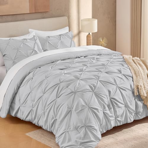 Image of Andency Oversized King Pinch Pleat Comforter Set (120 inchx98 inch),3 Piece Lightweight Pintuck Bedding Comforters & Sets, Fluffy Down Alternative Comforter with 2 Pillow Shams for All Season,Light Gray