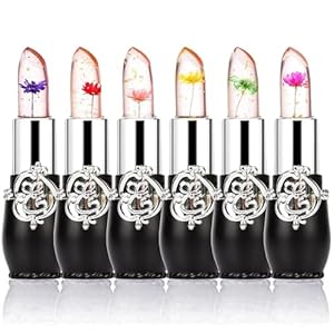 firstfly Pack of 6 Crystal Flower Jelly Lipstick, Long Lasting Nutritious Lip Balm Lips Moisturizer Magic Temperature Color Change Lip Gloss (Black)