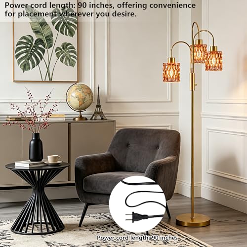 Image of 70 inch Glass Floor Lamp, 3-Light Gold Dimmable Standing Tall Lamp with Deep Red Glass Shades &3PCS 3000K Warm White Bulbs for Wedding /Party, Modern Tree Pole Lamp for Living Room Bedroom Home Decor