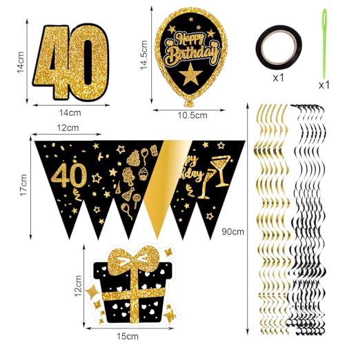 OuMaiFeng 40 Geburtstag Männer Deko,Party Deko 40er Geburtstag Frauen,Deko 40 Geburtstag Mann Geschenk,Goldfarbenes Glitzer-Banner,Partydeko,Luftschlangen,Hängende Wirbel